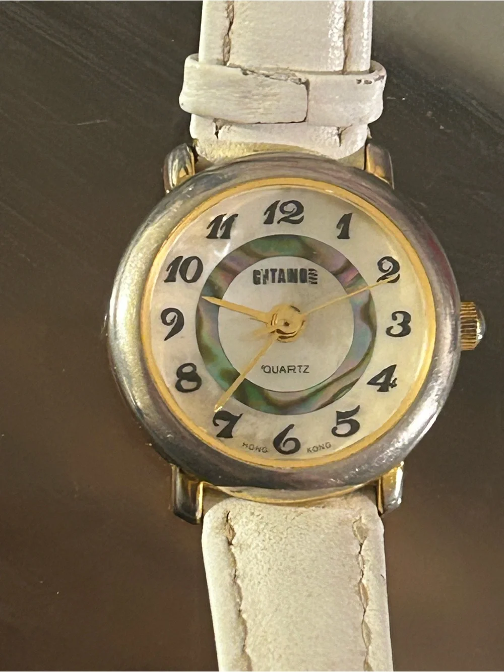 Gitano White Leather Watch with Gold-Tone Hands and Mother-of-Pearl Ring